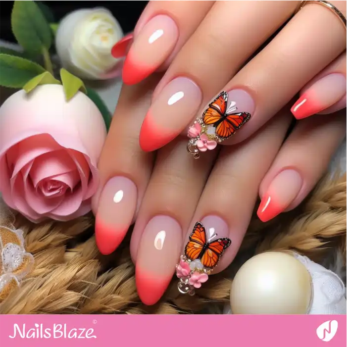 Embellished Peach Fuzz French Nails with Butterfly | Color of the Year 2024 - NB1832